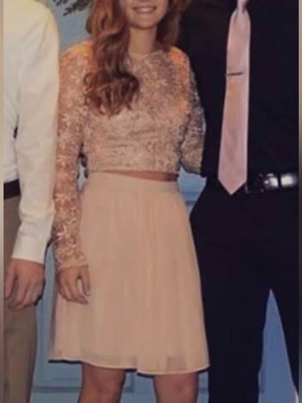 Two-Piece Lace & Chiffon Formal Set in Blush Pink